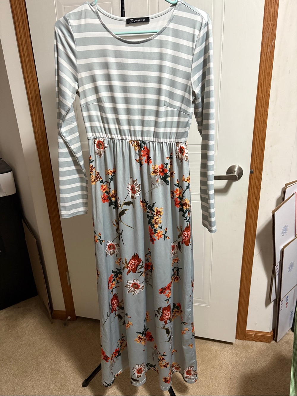 Simple Light Blue Striped Bodice Floral Maxi Dress